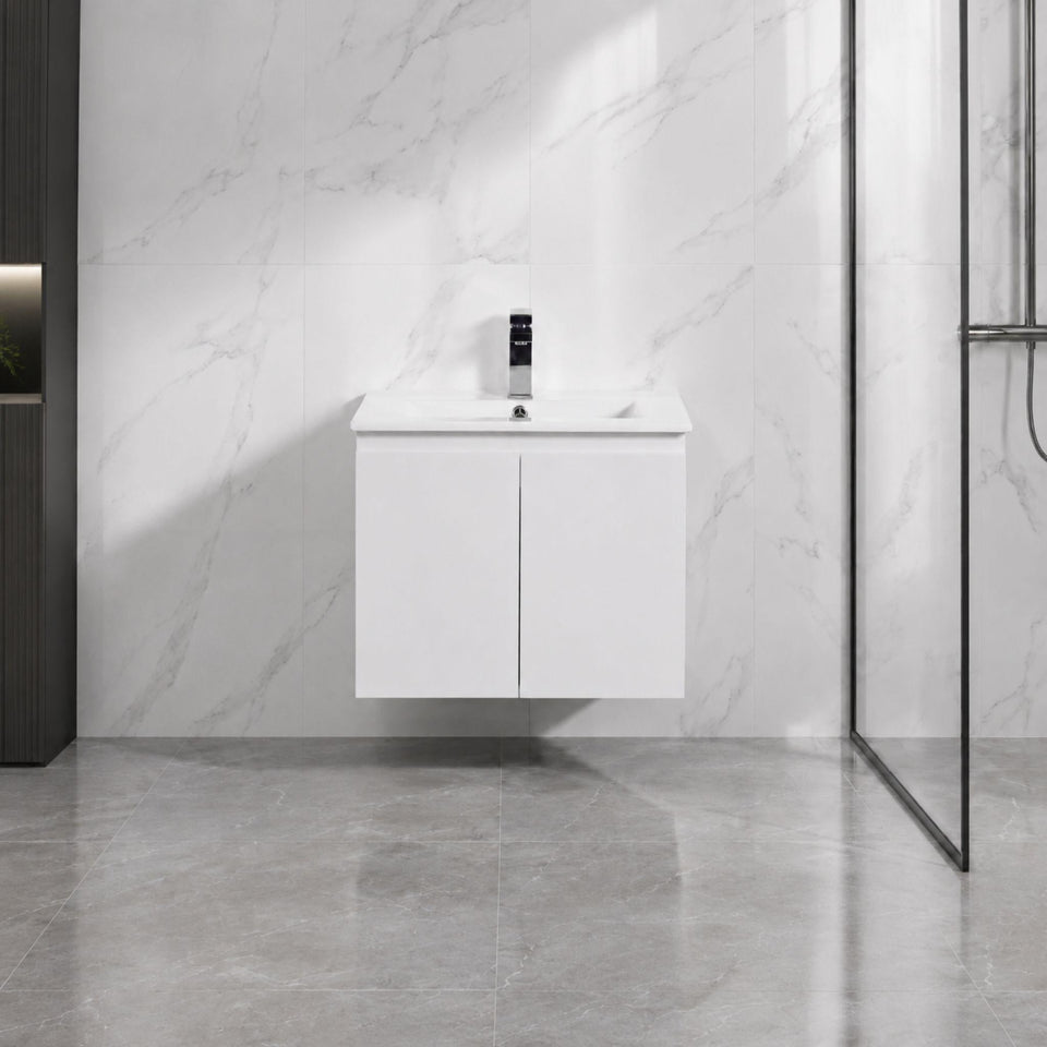 LUKKA ALPHA ENSUITE GLOSS WHITE 600MM SPACE SAVING WALL HUNG VANITY
