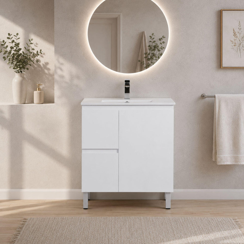 LUKKA ALPHA ENSUITE GLOSS WHITE 750MM SPACE SAVING FLOOR STANDING VANITY (AVAILABLE IN LEFT AND RIGHT HAND DRAWER)