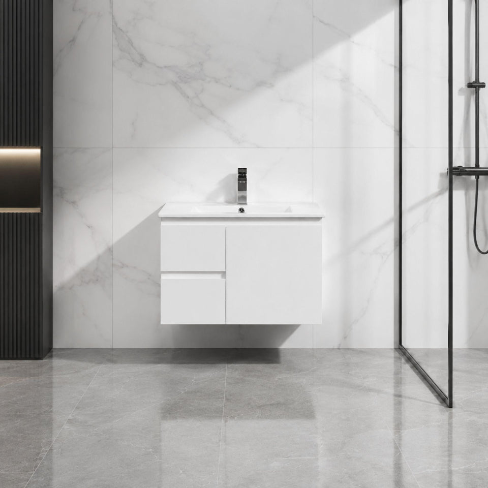 LUKKA ALPHA ENSUITE GLOSS WHITE 750MM SPACE SAVING WALL HUNG VANITY (AVAILABLE IN LEFT AND RIGHT HAND DRAWER)