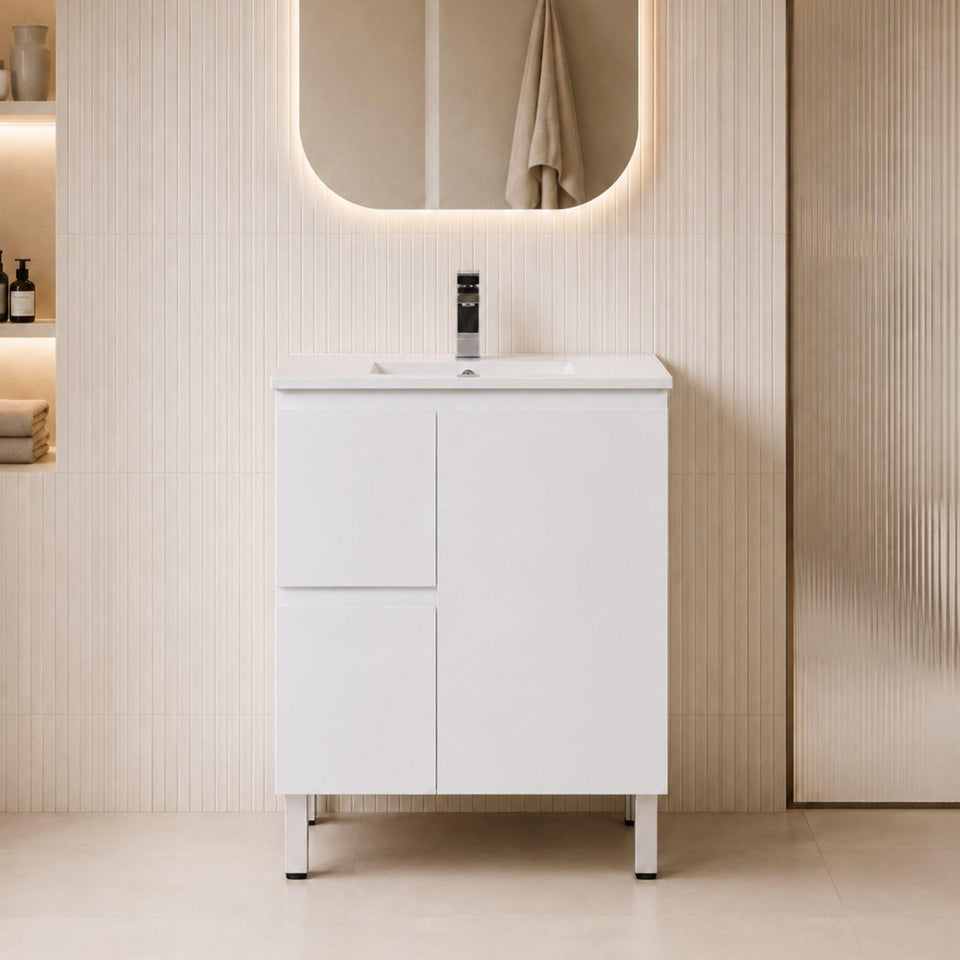 LUKKA ALPHA GLOSS WHITE 750MM SINGLE BOWL FLOOR STANDING VANITY (AVAILABLE IN LEFT AND RIGHT HAND DRAWER)