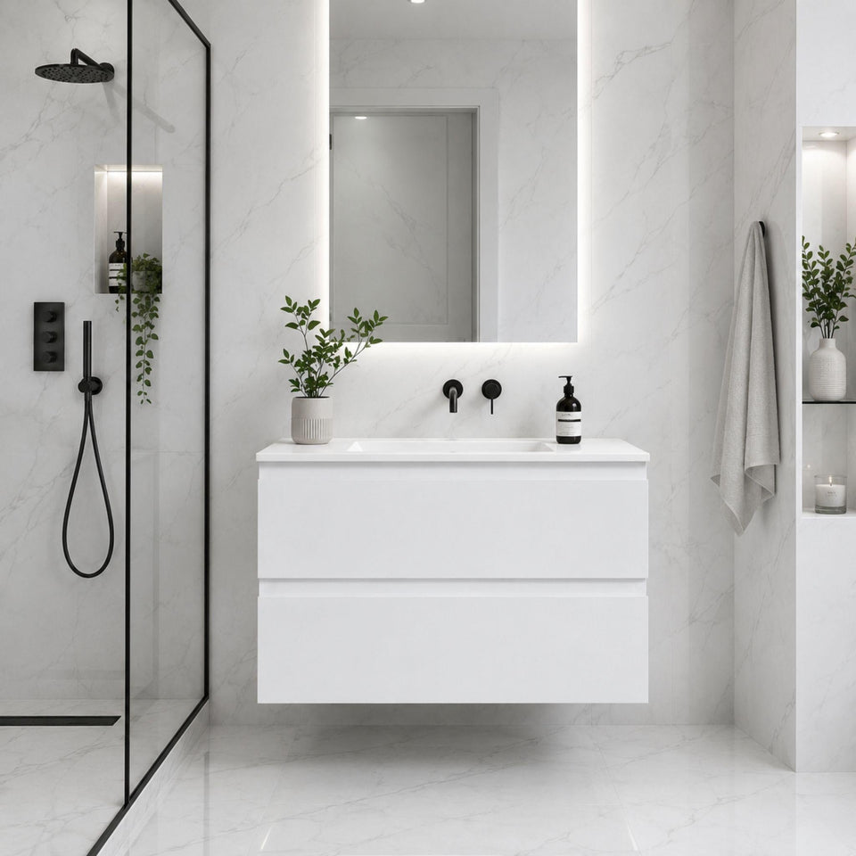 LUKKA ALPHA GLOSS WHITE 900MM SINGLE BOWL WALL HUNG VANITY
