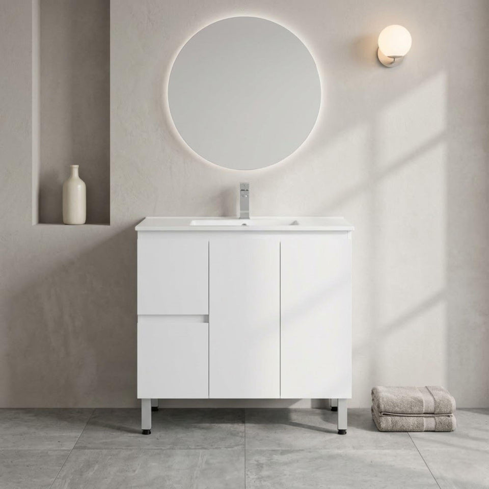 LUKKA ALPHA ENSUITE GLOSS WHITE 900MM SPACE SAVING FLOOR STANDING VANITY AVAILABLE IN LEFT AND RIGHT HAND DRAWER)