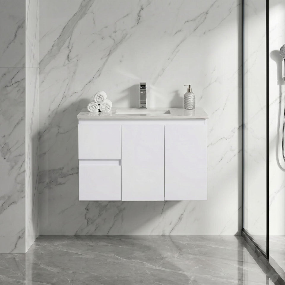 LUKKA ALPHA ENSUITE GLOSS WHITE 900MM SPACE SAVING WALL HUNG VANITY (AVAILABLE IN LEFT AND RIGHT HAND DRAWER)