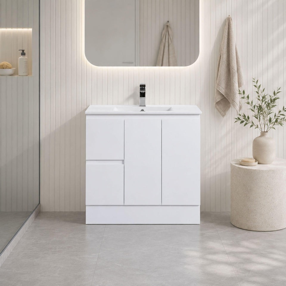 LUKKA ALPHA GLOSS WHITE 900MM SINGLE BOWL FLOOR STANDING VANITY WITH KICKBOARD (AVAILABLE IN LEFT AND RIGHT HAND DRAWER)