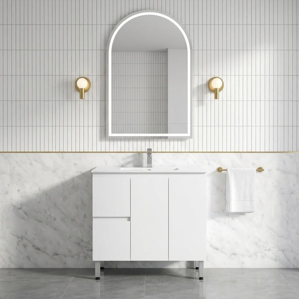 LUKKA ALPHA GLOSS WHITE 900MM SINGLE BOWL FLOOR STANDING VANITY (AVAILABLE IN LEFT AND RIGHT HAND DRAWER)