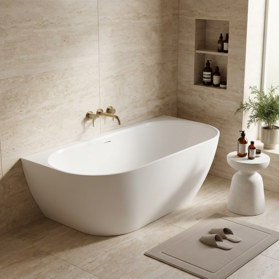 LUKKA ELLIPS BACK TO WALL FREESTANDING ACRYLIC BATHTUB OVERFLOW MATTE WHITE (AVAILABLE IN 1500MM AND 1700MM)