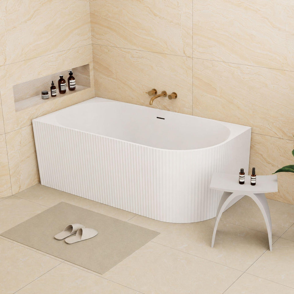 LUKKA BINGE FLUTED FREESTANDING LEFT CORNER BATHTUB OVERFLOW MATTE WHITE (AVAILABLE IN 1500MM AND 1700MM)