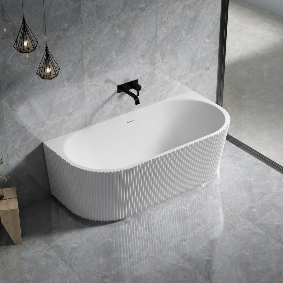 LUKKA BINGIE FLUTED SKIRT BACK TO WALL BATHTUB OVERFLOW MATTE WHITE (AVAILABLE IN 1500MM AND 1700MM)