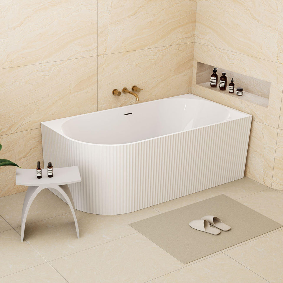 LUKKA BINGE FLUTED FREESTANDING RIGHT CORNER BATHTUB OVERFLOW GLOSS WHITE (AVAILABLE IN 1500MM AND 1700MM)