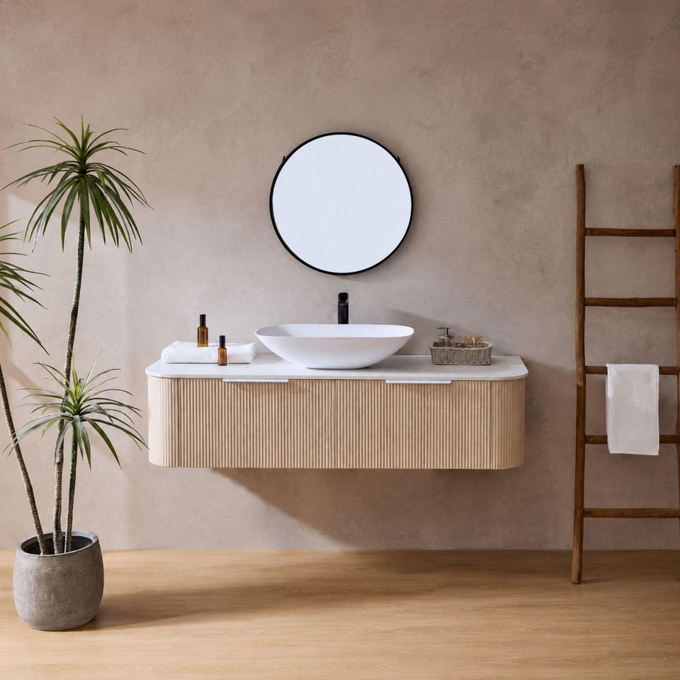 LUKKA AGENA COSTAL OAK FLUTED 1500MM CURVE SINGLE BOWL WALL HUNG VANITY