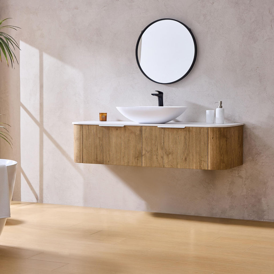 LUKKA AGENA PRIME OAK FLUTED 1500MM CURVE SINGLE BOWL WALL HUNG VANITY
