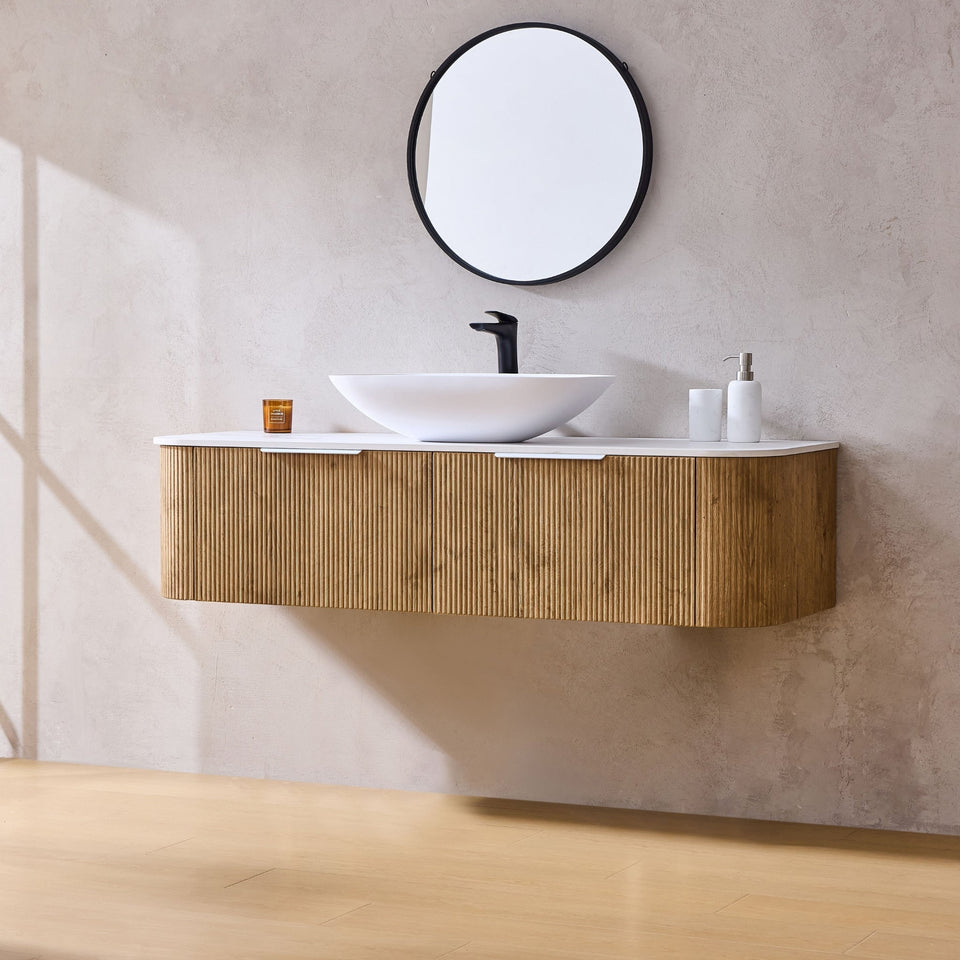 Lukka Agena Fluted Curve Single Bowl Wall Hung Vanity - Prime Oak / 1800mm (LK-MA1800W-PO)