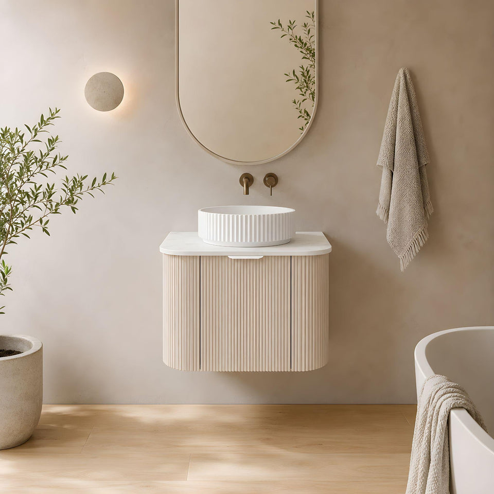 LUKKA AGENA COSTAL OAK FLUTED 600MM CURVE SINGLE BOWL WALL HUNG VANITY