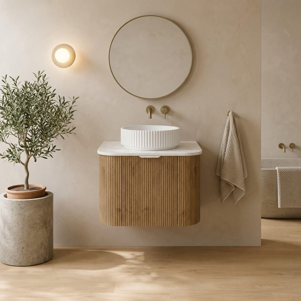 LUKKA AGENA PRIME OAK FLUTED 600MM CURVE SINGLE BOWL WALL HUNG VANITY