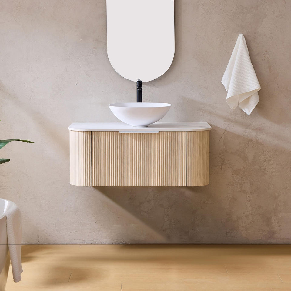 Lukka Agena Fluted Curve Single Bowl Wall Hung Vanity - Costal Oak / 750mm (LK-MA750W-CO)