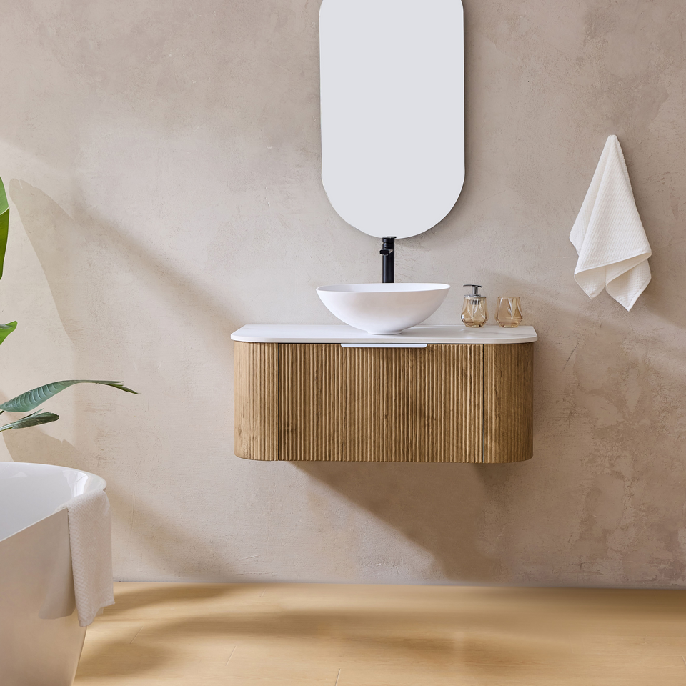 LUKKA AGENA PRIME OAK FLUTED 900MM CURVE SINGLE BOWL WALL HUNG VANITY