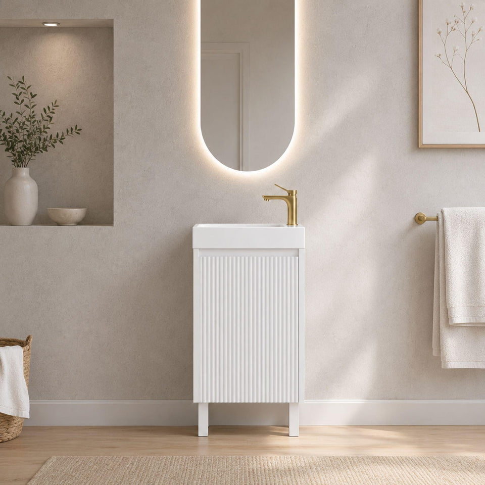 LUKKA CRETE MINI MATTE WHITE 450MM SPACE SAVING SINGLE BOWL FLOOR STANDING VANITY