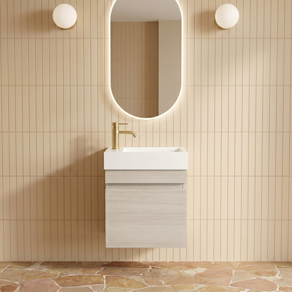 LUKKA CAMDEN MODERN COASTAL OAK 450MM SPACE SAVING SINGLE BOWL WALL HUNG VANITY
