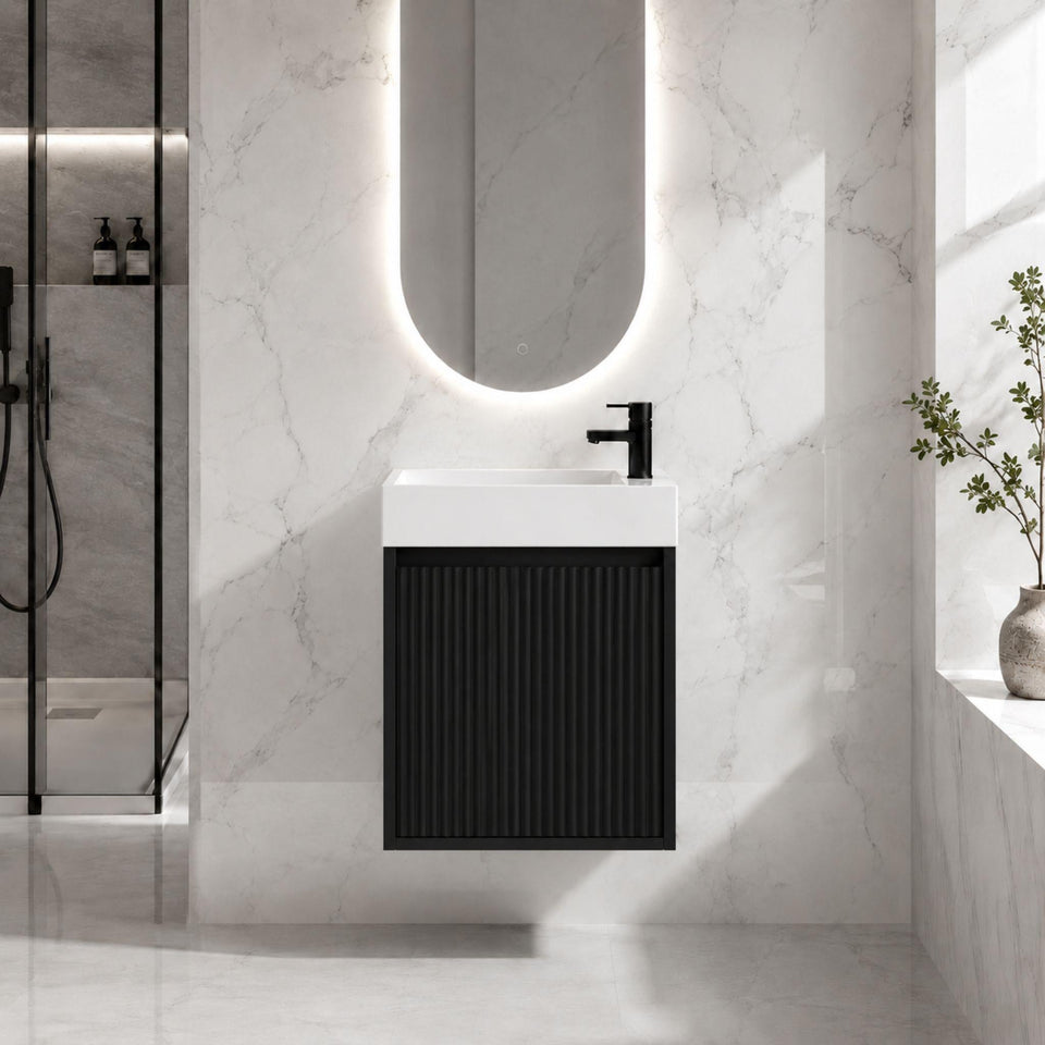 LUKKA CRETE MINI MATTE BLACK 450MM SPACE SAVING SINGLE BOWL WALL HUNG VANITY