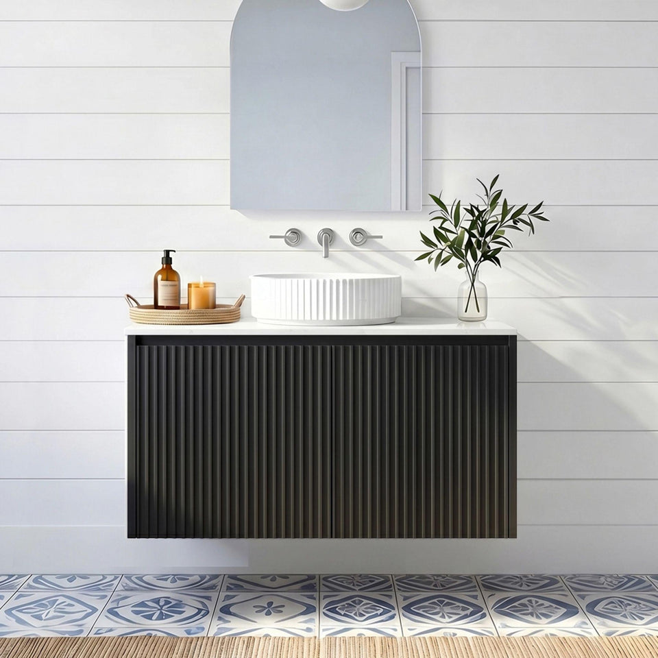 LUKKA CRETE MODERN MATTE BLACK 600MM SINGLE BOWL WALL HUNG VANITY