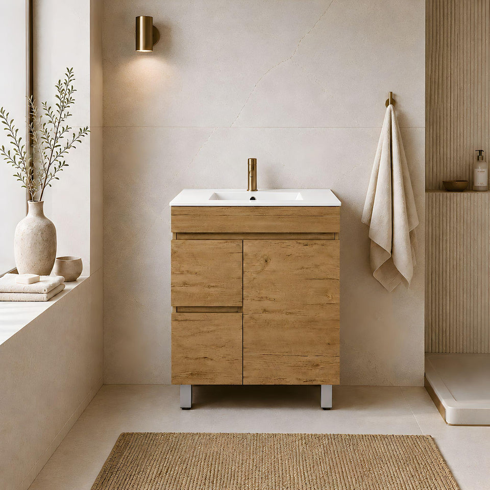LUKKA CAMDEN ENSUITE PRIME OAK 750MM SPACE SAVING SINGLE BOWL FLOOR STANDING VANITY (AVAILABLE IN LEFT AND RIGHT HAND DRAWER)