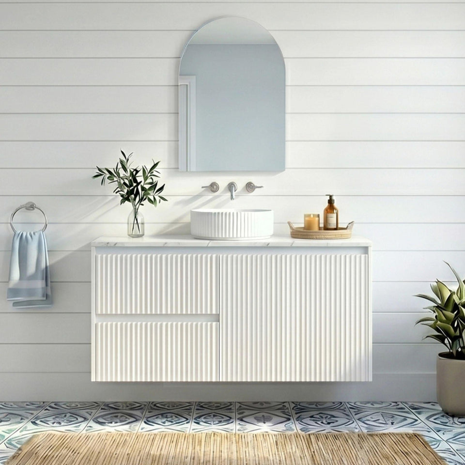 Lukka Crete Modern Single Bowl Wall Hung Vanity (available in Left and Right Hand Drawer) - Matte White / 750mm (LK-MC74LW-MW)