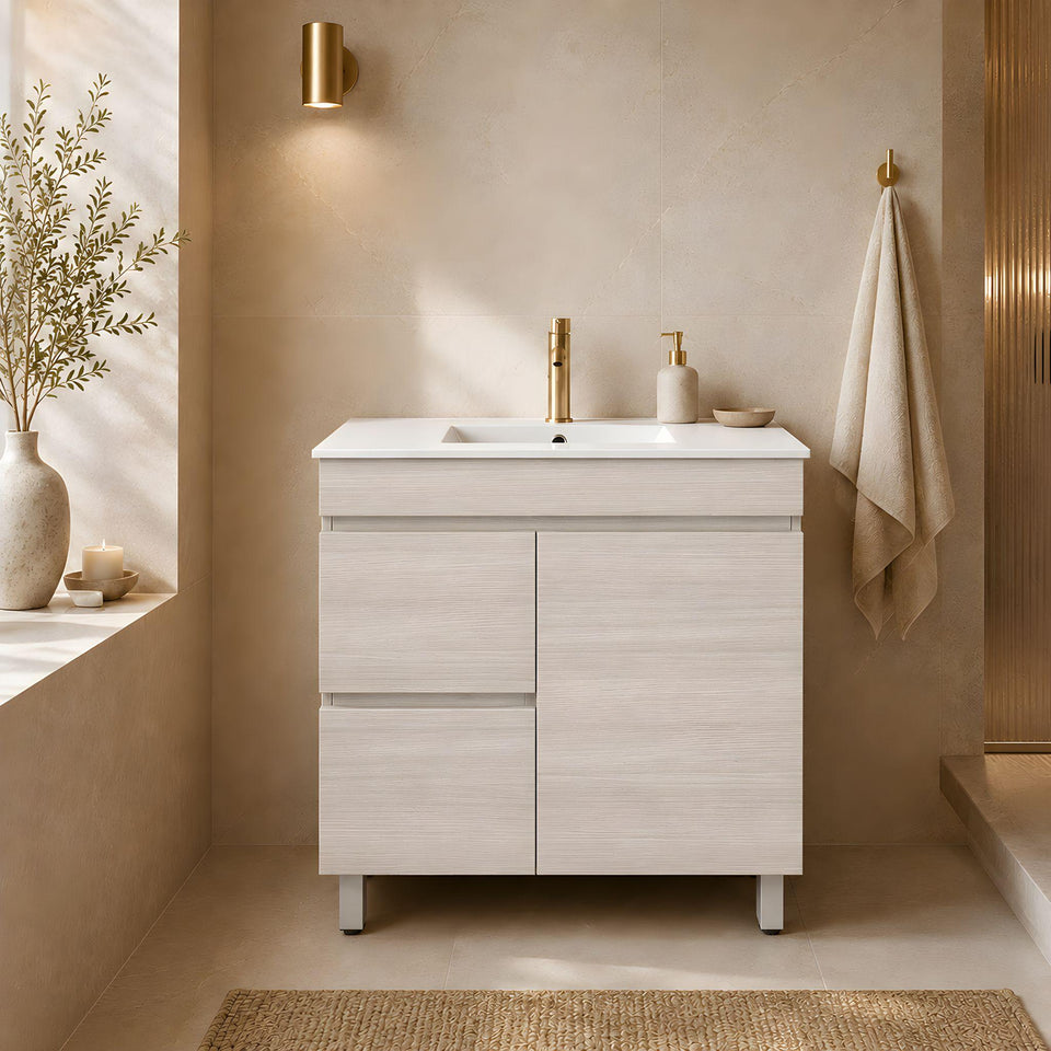 LUKKA CAMDEN ENSUITE COASTAL OAK 900MM SPACE SAVING SINGLE BOWL FLOOR STANDING VANITY (AVAILABLE IN LEFT AND RIGHT HAND DRAWER)
