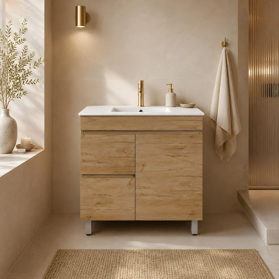 LUKKA CAMDEN ENSUITE PRIME OAK 900MM SPACE SAVING SINGLE BOWL FLOOR STANDING VANITY (AVAILABLE IN LEFT AND RIGHT HAND DRAWER)