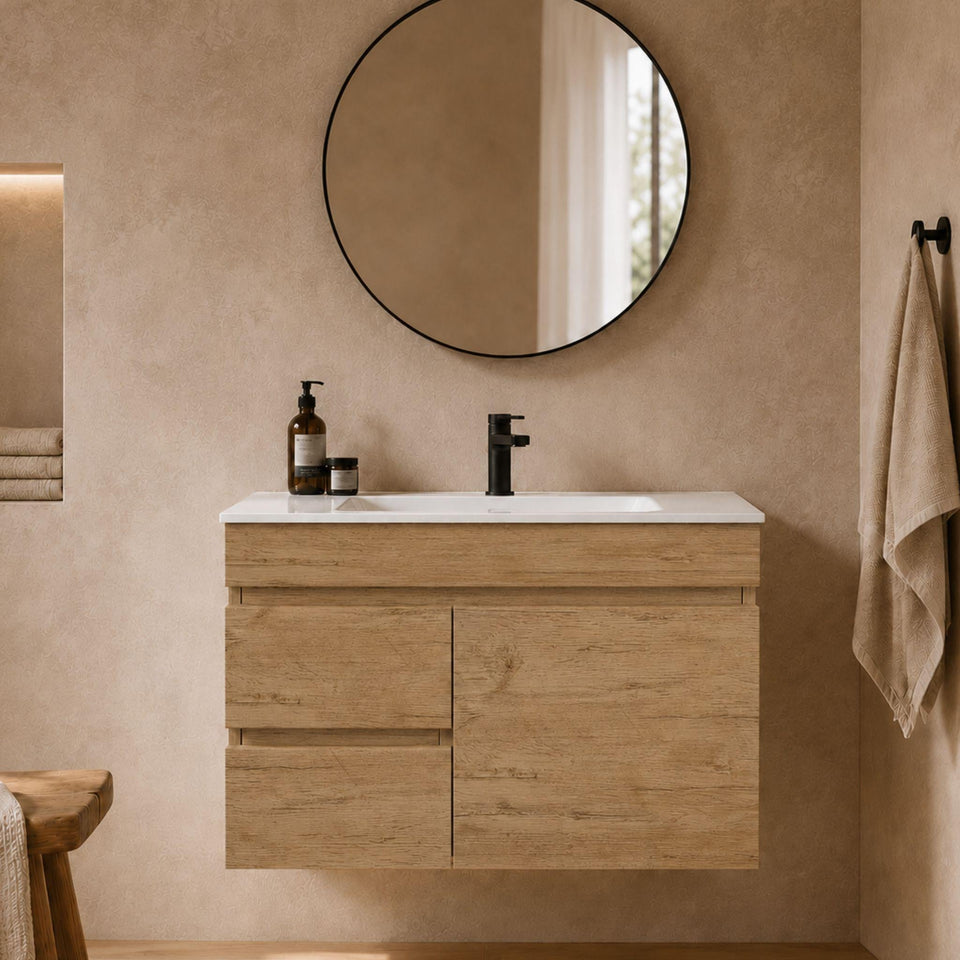 LUKKA CAMDEN ENSUITE PRIME OAK 900MM SPACE SAVING SINGLE BOWL WALL HUNG VANITY (AVAILABLE IN LEFT AND RIGHT HAND DRAWER)