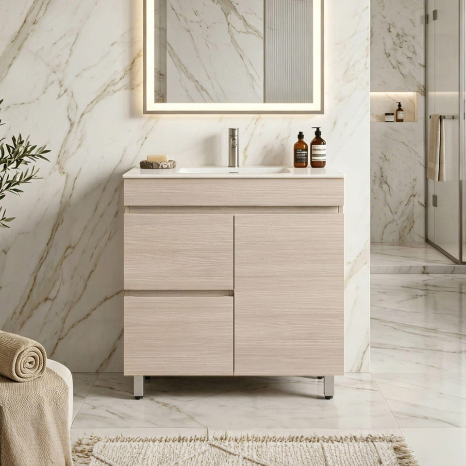 Lukka Camden Modern Single Bowl Floor Standing Vanity (available in Left and Right Hand Drawer) - Coastal Oak / 900mm (LK-MC94LL-CO)