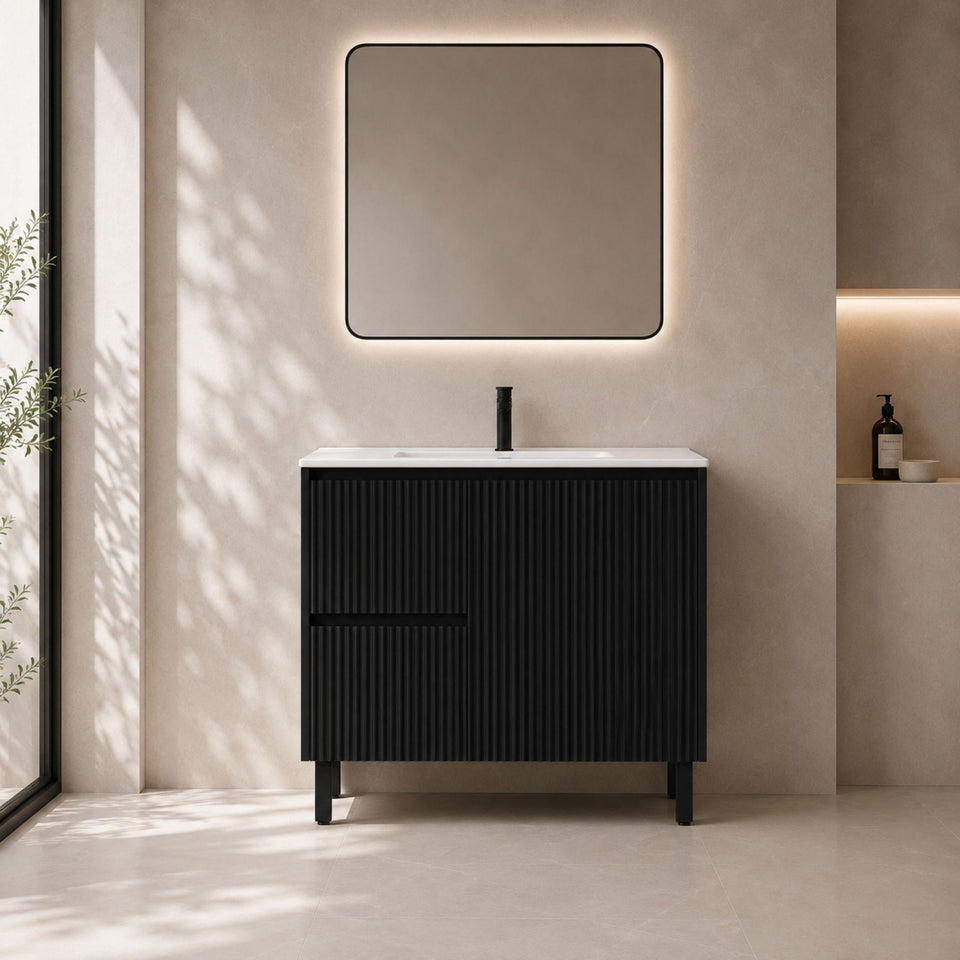 LUKKA CRETE MODERN MATTE BLACK 900MM SINGLE BOWL FLOOR STANDING VANITY (AVAILABLE IN LEFT AND RIGHT HAND DRAWER)