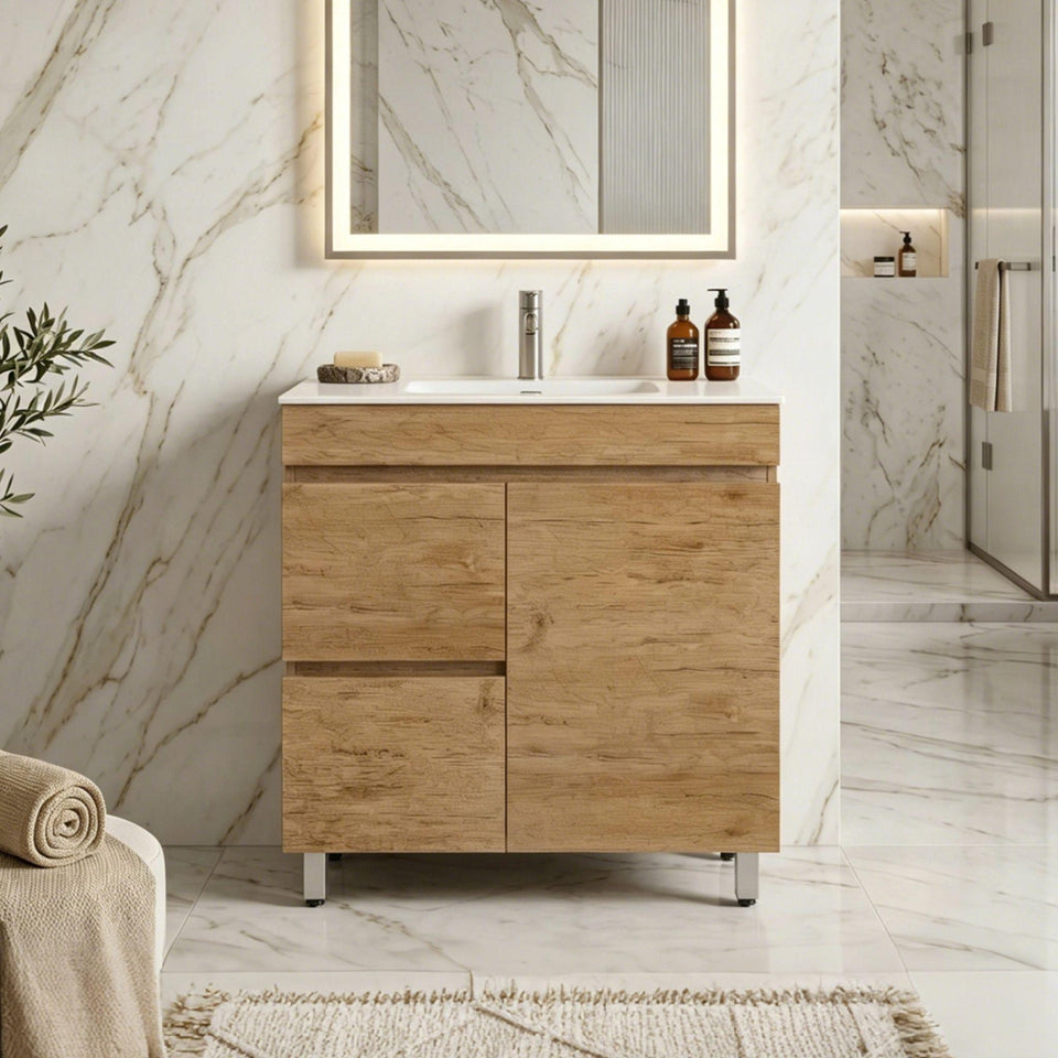 Lukka Camden Modern Single Bowl Floor Standing Vanity (available in Left and Right Hand Drawer) - Prime Oak / 900mm (LK-MC94LL-PO)