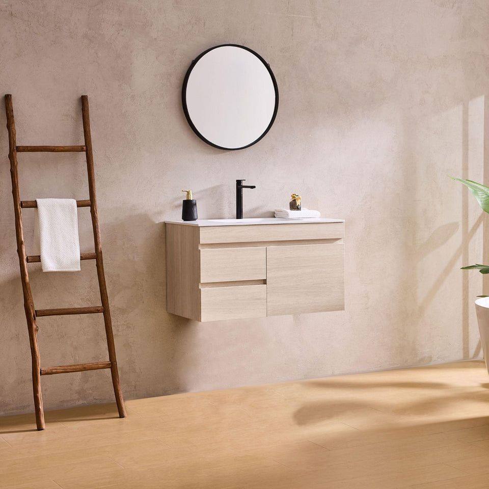Lukka Camden Modern Single Bowl Wall Hung Vanity (available in Left and Right Hand Drawer) - Coastal Oak / 900mm (LK-MC94LW-CO)