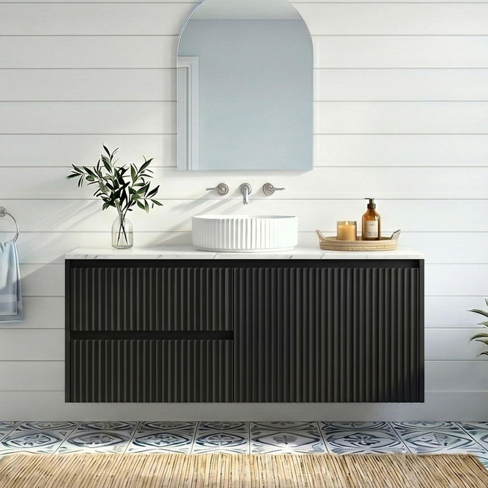 Lukka Crete Modern Single Bowl Wall Hung Vanity (available in Left and Right Hand Drawer) - Matte Black / 900mm (LK-MC94LW-MB)