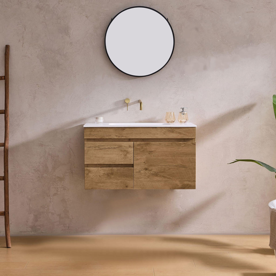 LUKKA CAMDEN MODERN PRIME OAK 900MM SINGLE BOWL WALL HUNG VANITY (AVAILABLE IN LEFT AND RIGHT HAND DRAWER)