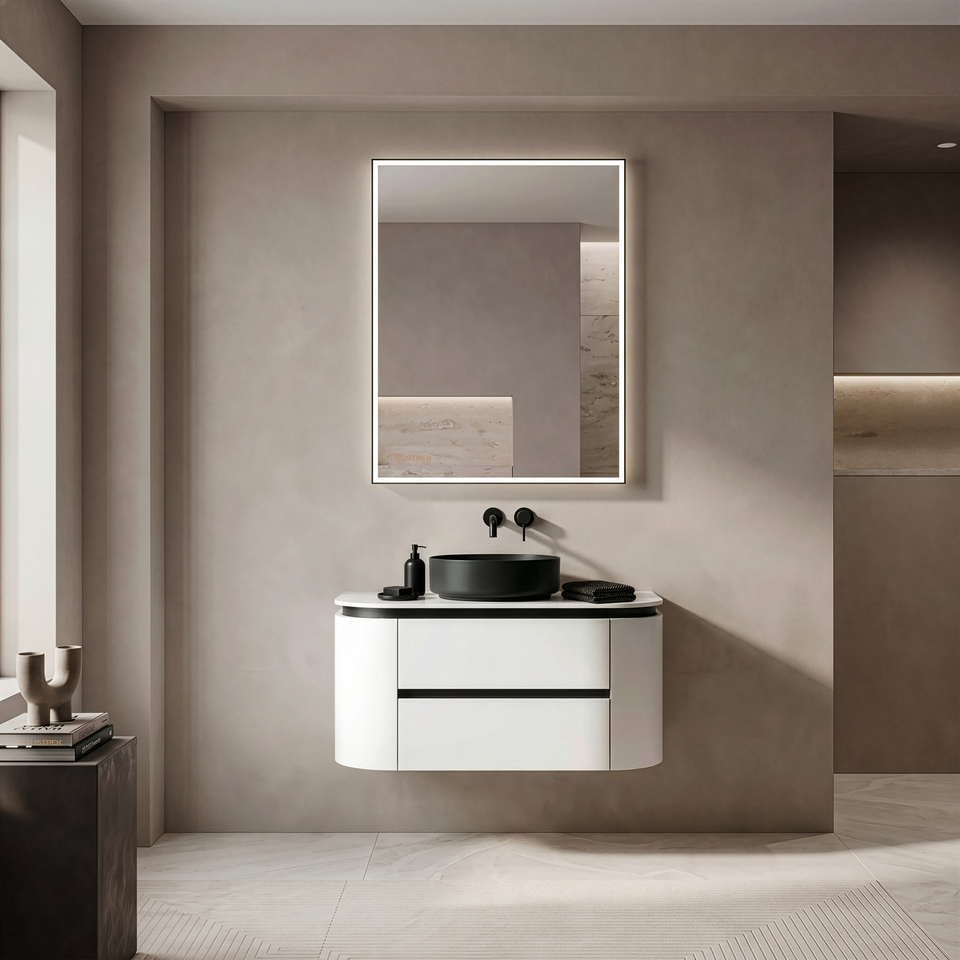 LUKKA DEVITO WHITE 900MM CURVE SINGLE BOWL WALL HUNG VANITY