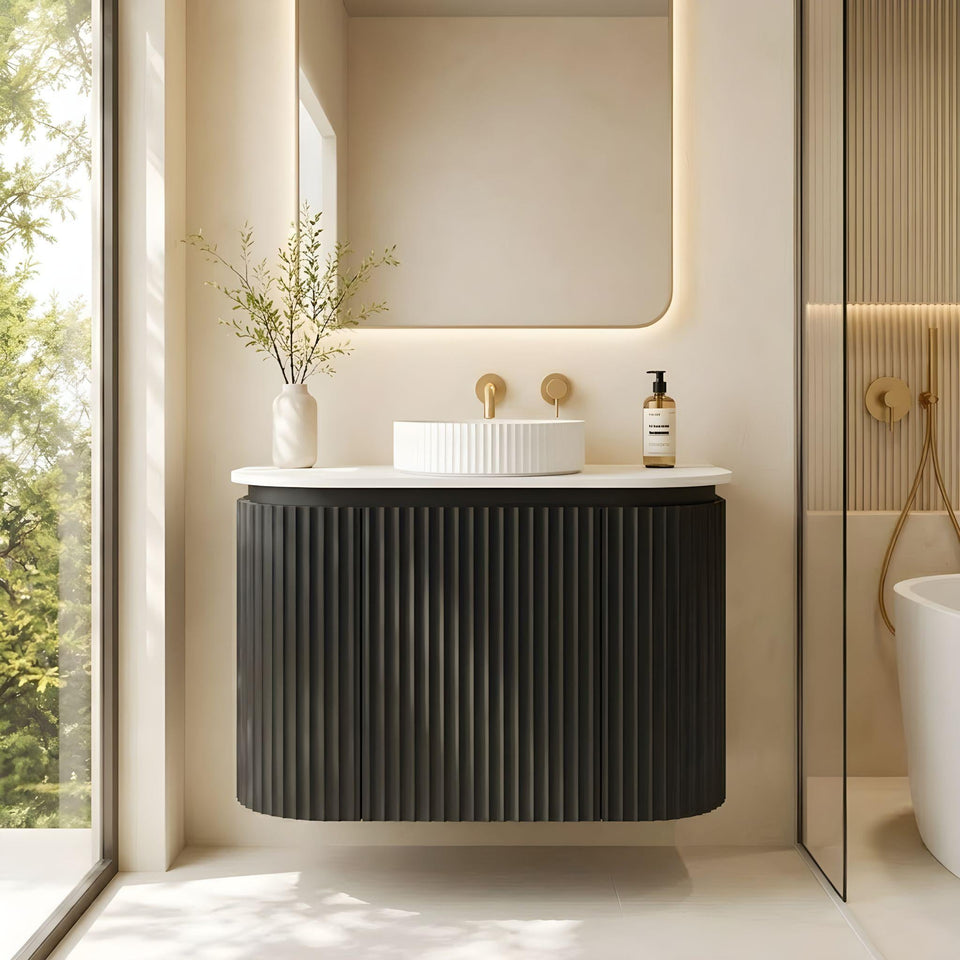LUKKA ESTELLA MATTE BLACK 600MM CURVE SINGLE BOWL WALL HUNG VANITY