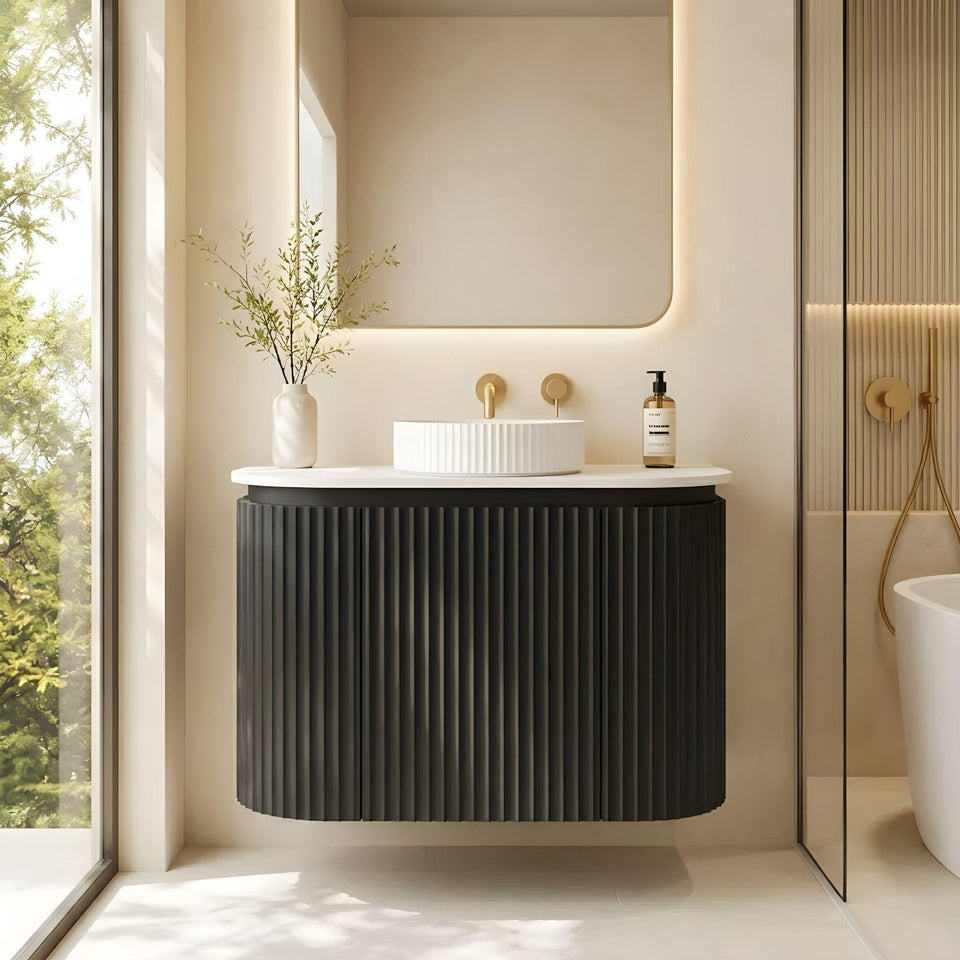 Lukka Estella 600MM Curve Single Bowl Wall Hung Vanity - Matte Black (LK-ME600W-MB)