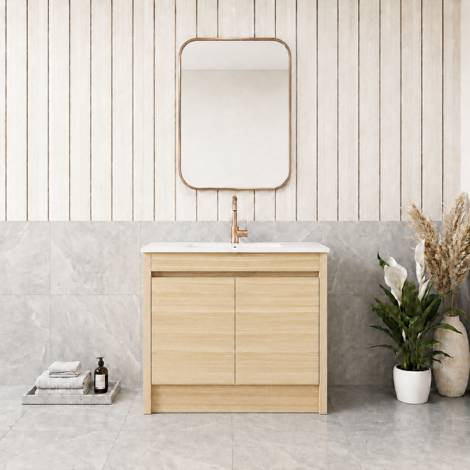 Lukka Pako Flat Pack 900MM Single Bowl Floor Standing Vanity - Natural Oak (LK-PK94L-OAK)