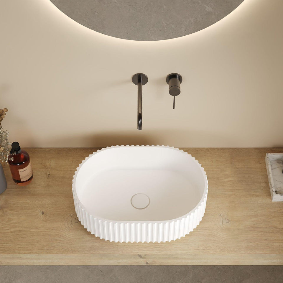LUKKA ELLIPS FLUTED ABOVE COUNTER BASIN GLOSS WHITE 480MM