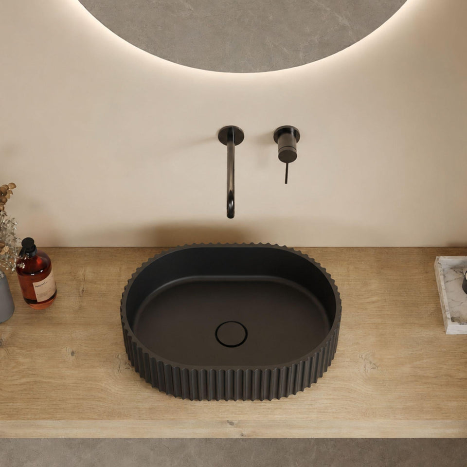 LUKKA ELLIPS FLUTED ABOVE COUNTER BASIN MATTE BLACK 480MM