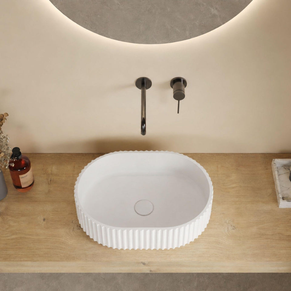 LUKKA ELLIPS FLUTED ABOVE COUNTER BASIN MATTE WHITE 480MM