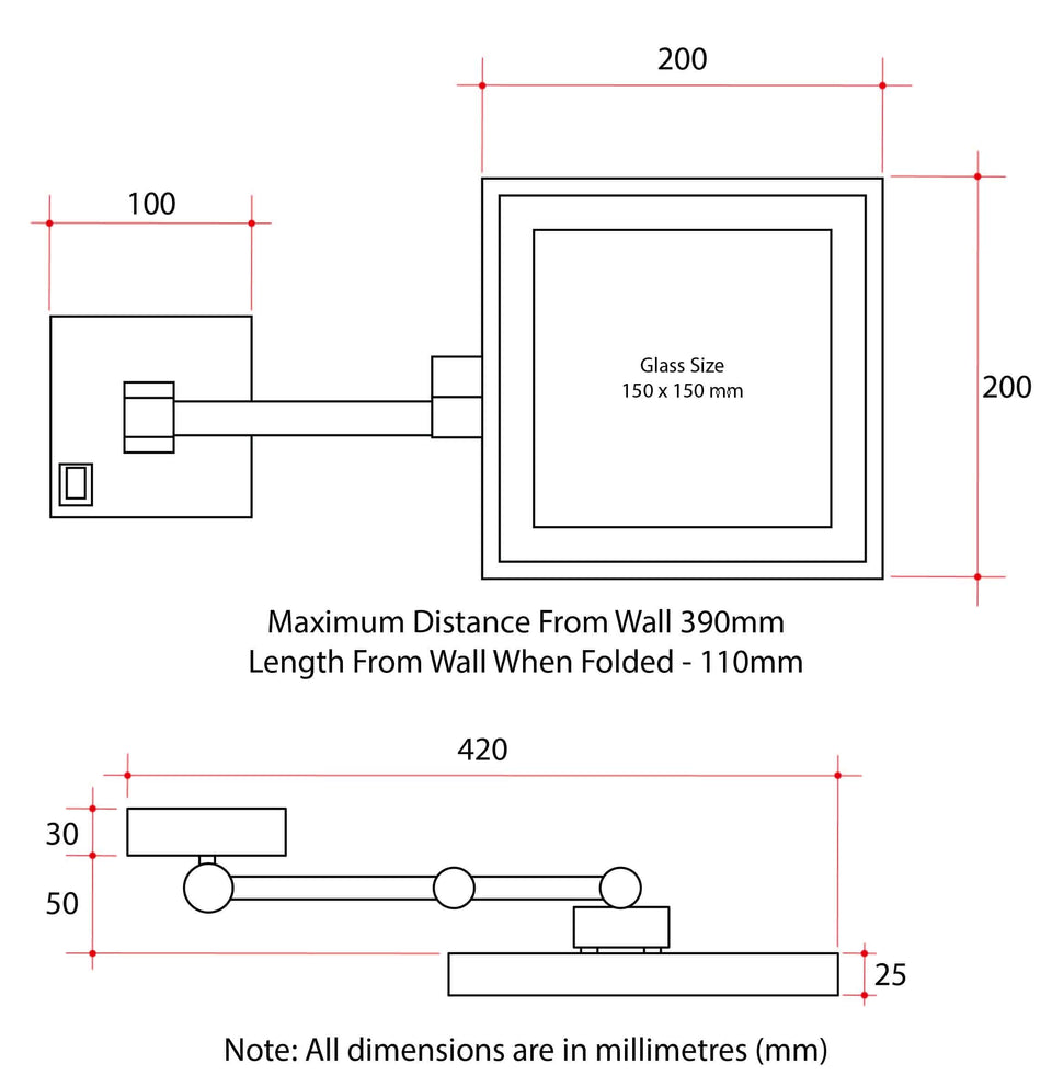 Ablaze LS205CSMCB 3x Magnified Mirror with Light – Matt Black technical drawing (LS205CSMCB)
