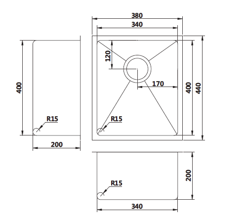 Modern National Coloured Single Bowl Sink 26L technical drawing (M-S201)