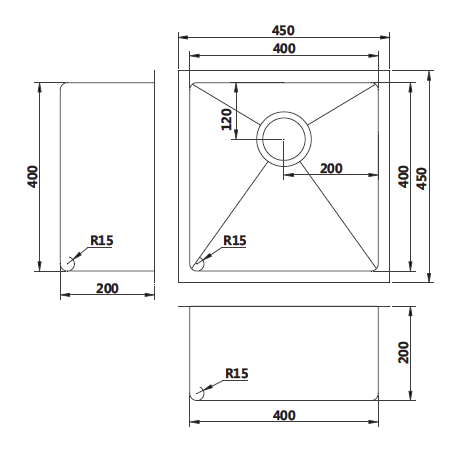 Modern National 450x450x200mm Handmade Single Bowl Sink 1.2mm Stainless