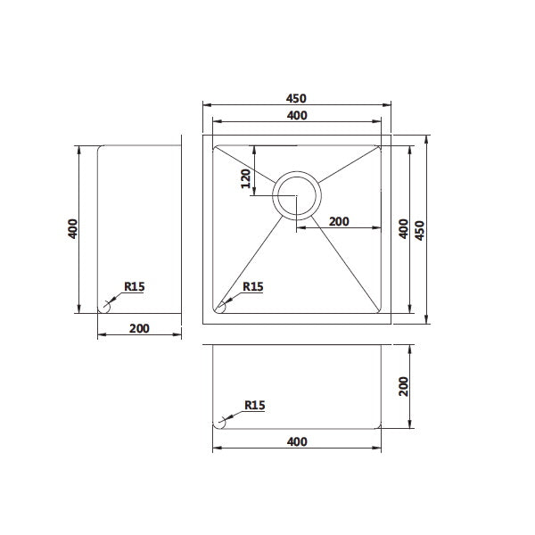 Modern National 450x450x200mm Handmade Single Bowl Sink 1.2mm Stainless