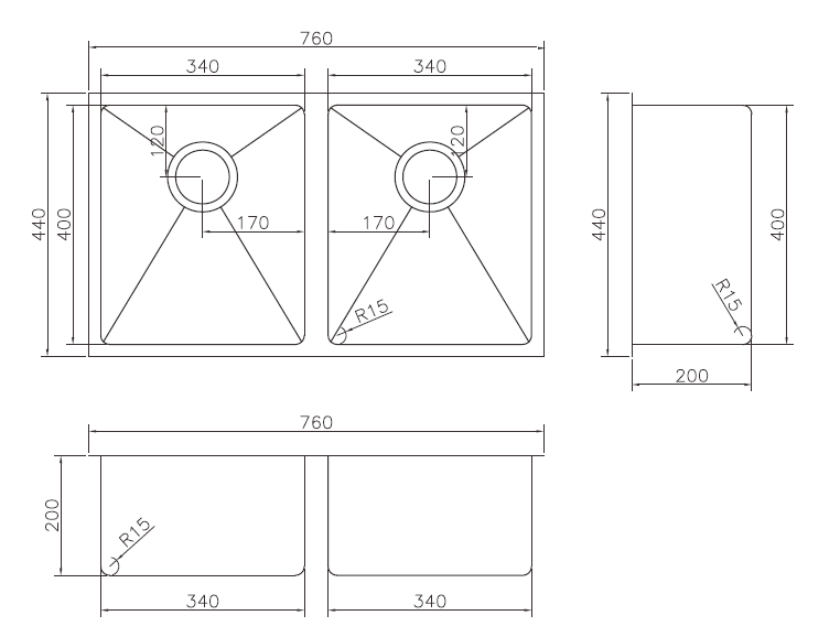 Modern National 760x440x200mm PVD Double Bowl Hand made Kitchen Sink 1.2mm Stainless