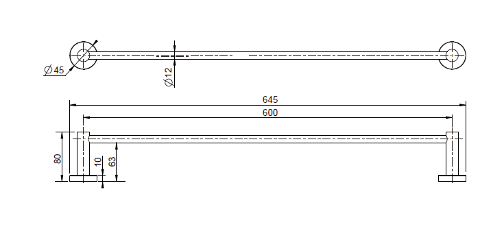 Modern National Mirage Single Towel Rail 600mm technical drawing (MIR24BK)