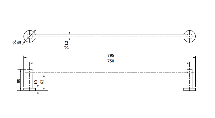 Modern National Mirage Single Towel Rail 750mm technical drawing (MIR36BK)