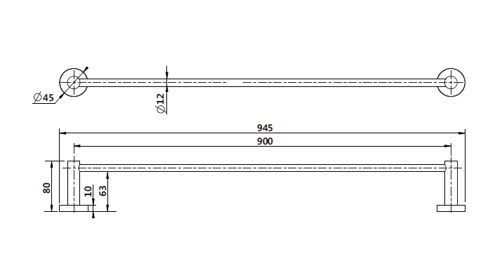 Modern National Mirage Single Towel Rail 900mm technical drawing (MIR40BK)